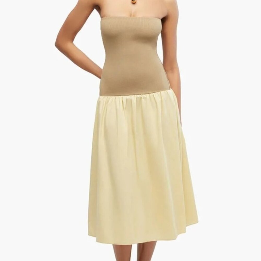 NWT WeWoreWhat Ribbed Cotton Midi Strapless Dress Women's Size L, Oat / Wheat